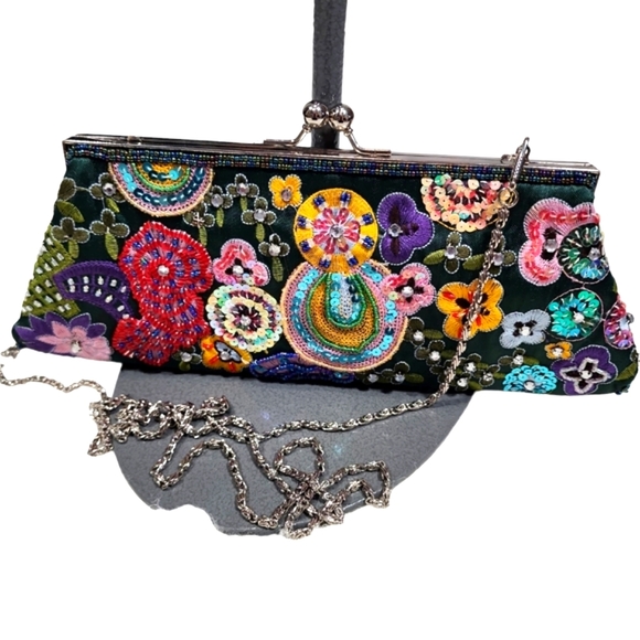 Vintage Retro Evening Green Sequined Beaded Clutch Bag - Picture 4 of 13